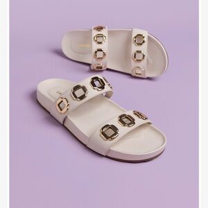 Larroude Milan Slide In Ivory Leather Cream Sandals with Gold Accents